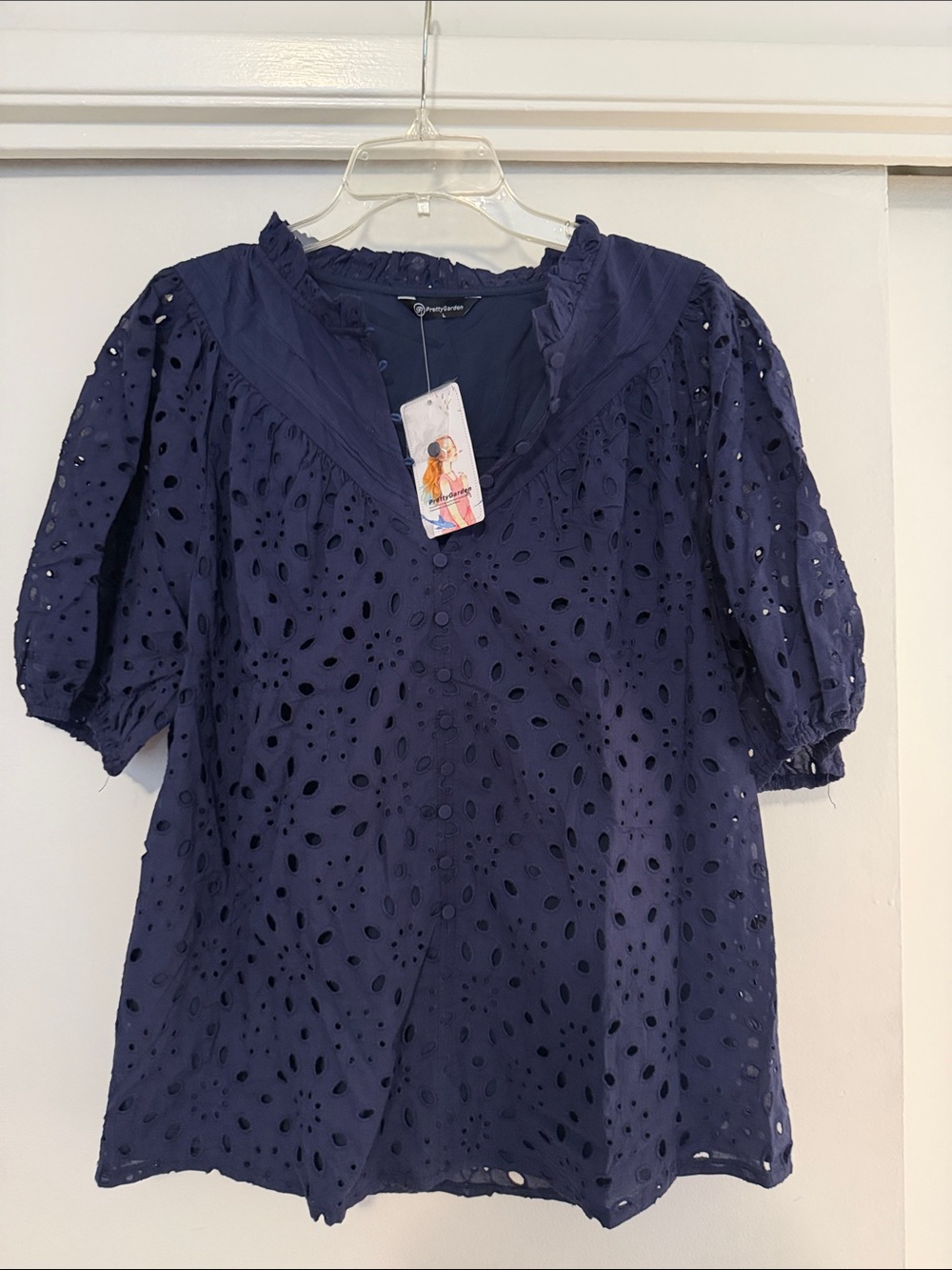Eyelet V-Neck Puff Sleeve Blouse — Navy